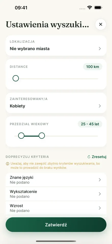 Ekran ustawień wyszukiwania w aplikacji Par2