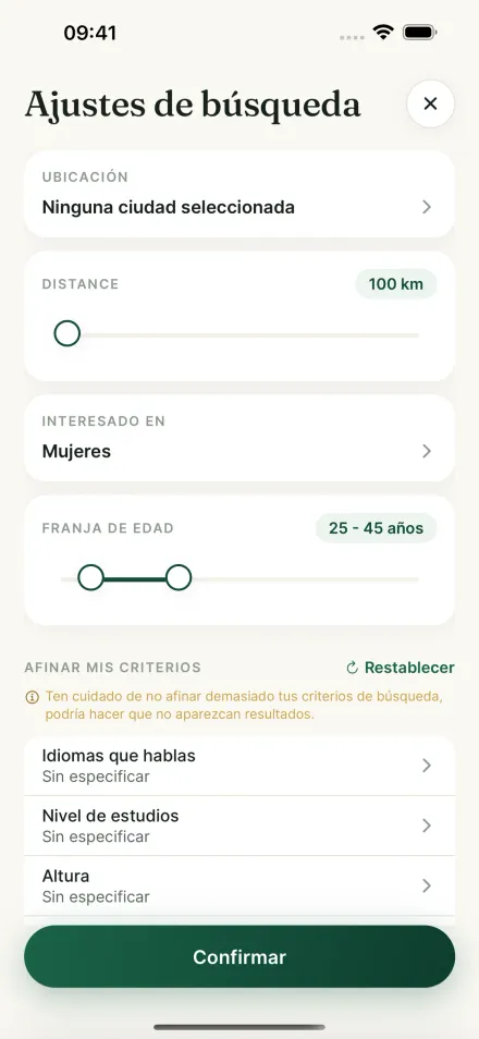 Pantalla de ajustes de búsqueda de la app Par2