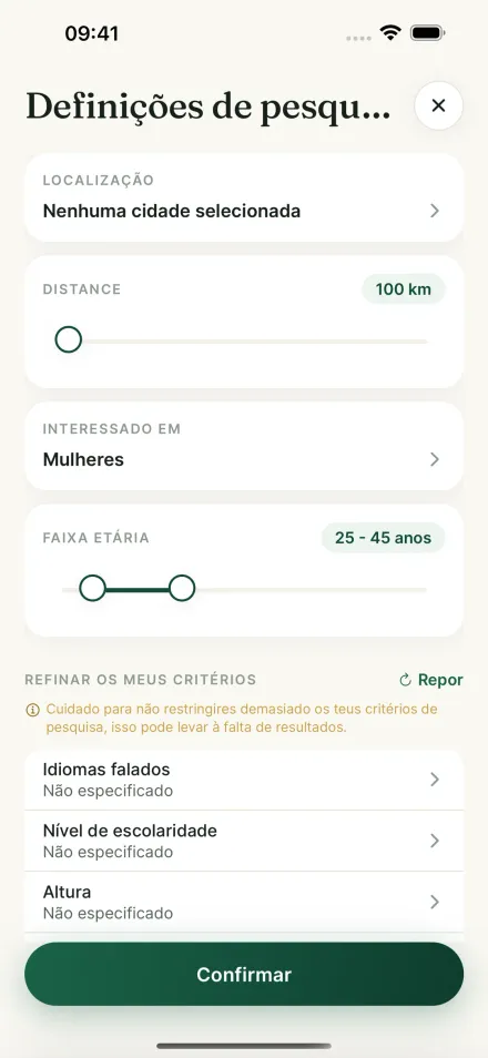 Ecrã de definições de pesquisa da app Par2