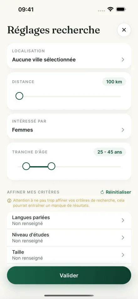Écran des réglages de recherche de l’app Par2