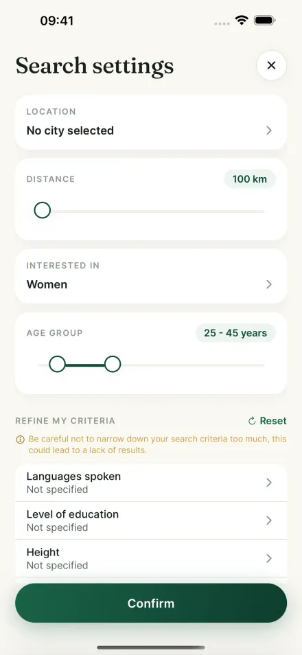 Search settings screen of the Par2 app